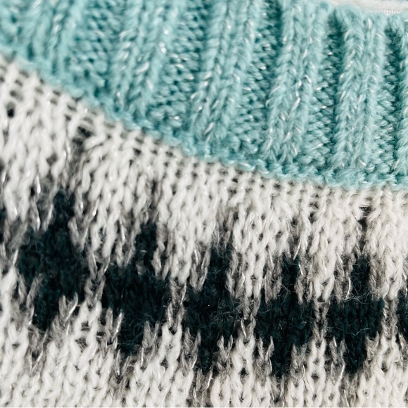 CJ Banks Teal White Black Grey Silver Thread Fair Aisle Soft Crew Neck Sweater - Picture 6 of 10